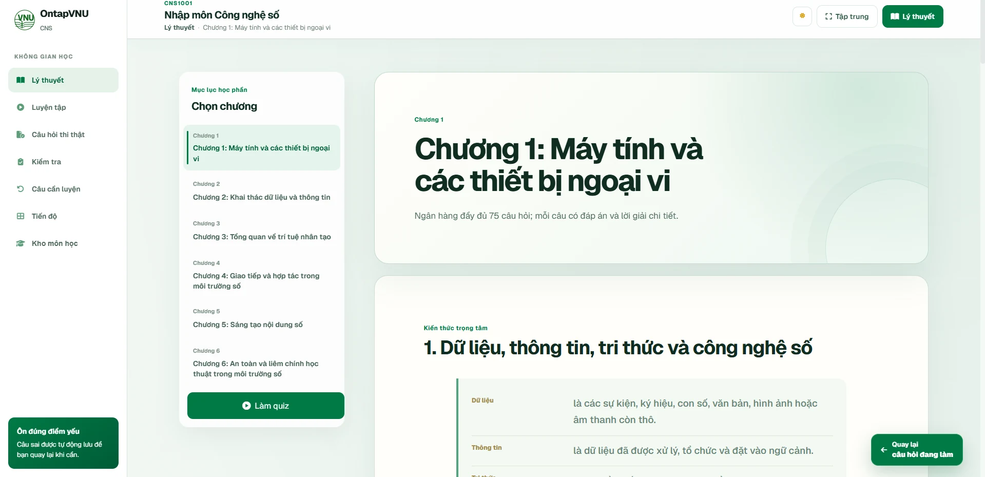 Màn hình lý thuyết với mục lục chương và nội dung kiến thức của môn Nhập môn Công nghệ số